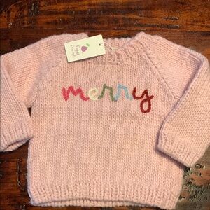 Figgy Friends Pink Knit Sweater with 'Merry' Embroidery